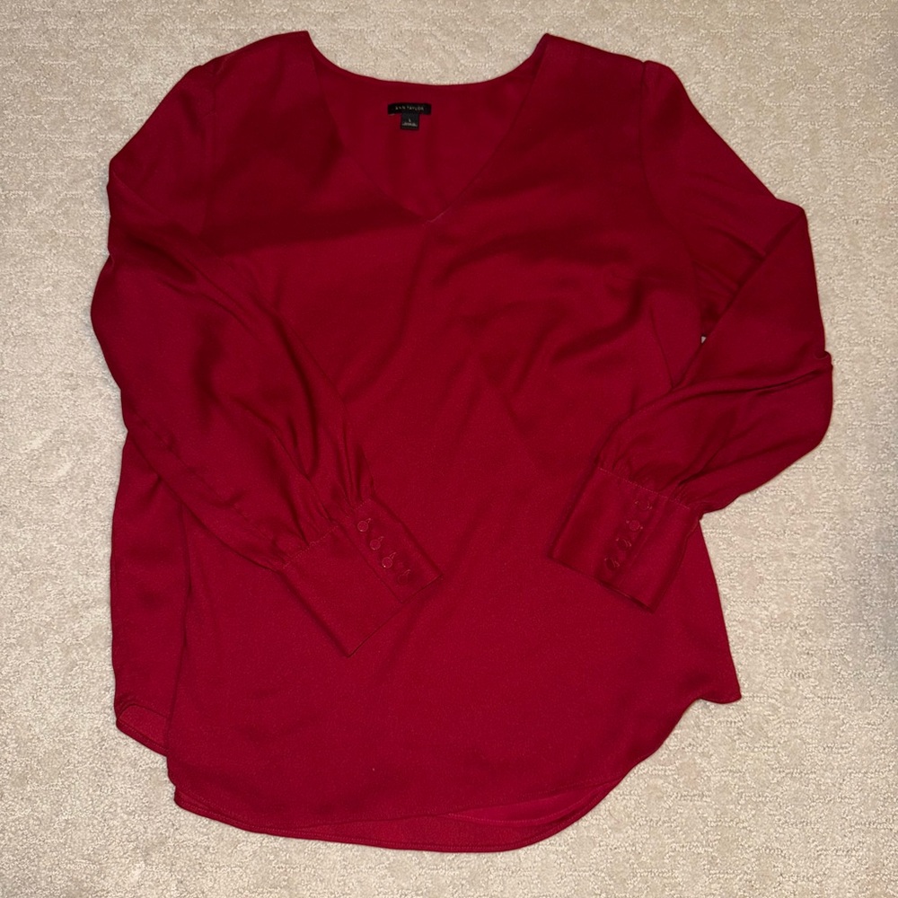 Ann Taylor Deep Red V-Neck Blouse